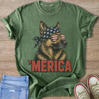 Green t-shirt with a German Shepherd wearing a US flag bandana and sunglasses, and 'MERICA text.