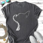 T-shirt with white minimalist outline of a French bulldog's head and tongue.