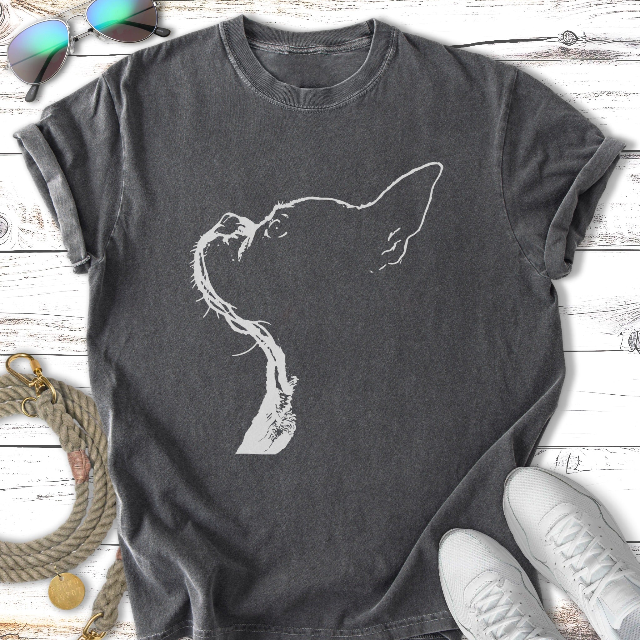 T-shirt with white minimalist outline of a French bulldog's head and tongue.