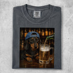 Dachshund wearing a blue cap pours beer into a mug.