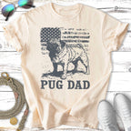 Pug dad t-shirt with distressed American flag background.