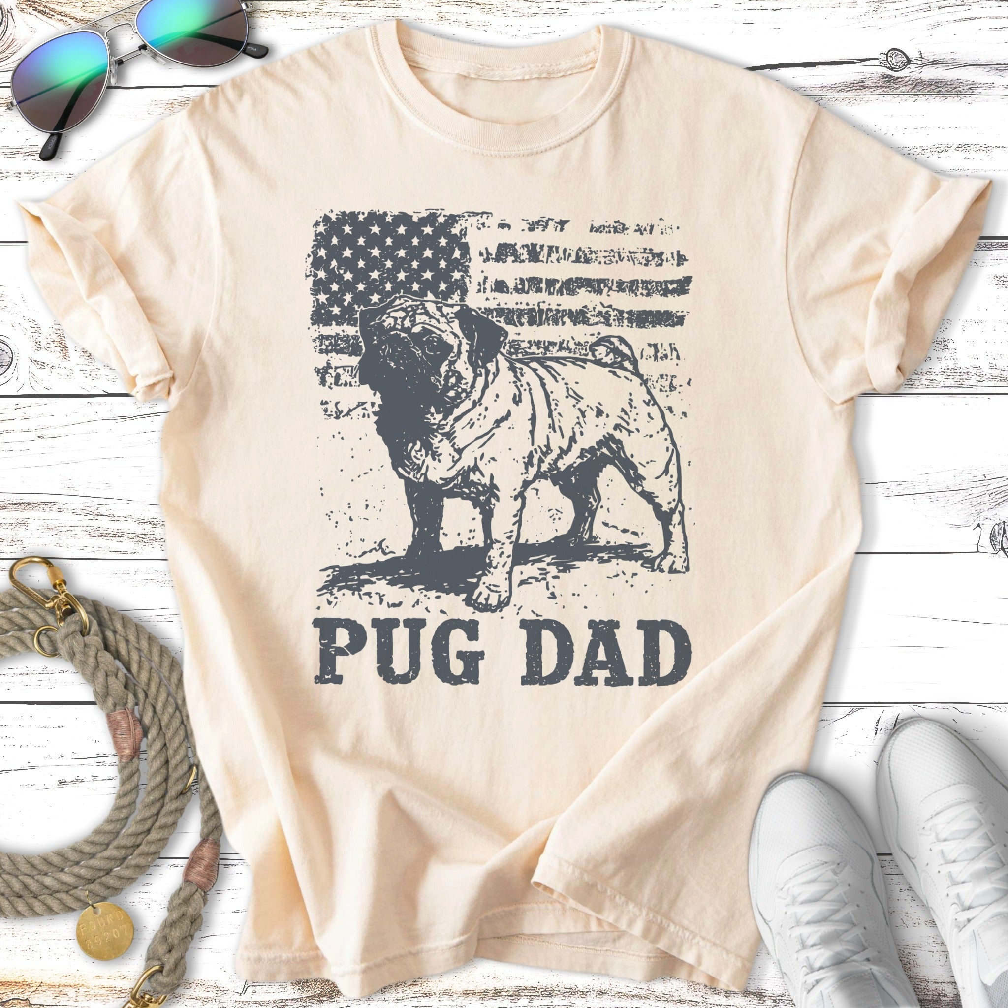 Pug dad t-shirt with distressed American flag background.
