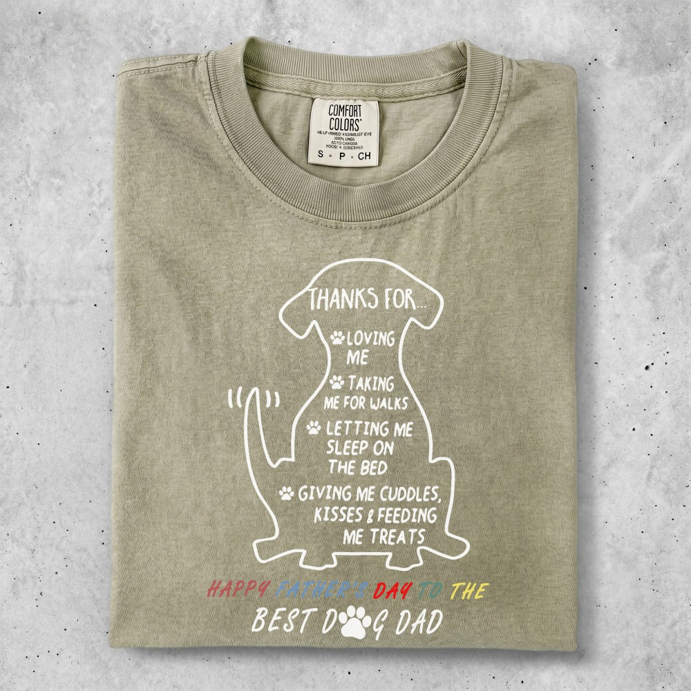 T-shirt with white dog silhouette and text listing dog-related appreciation for dad.