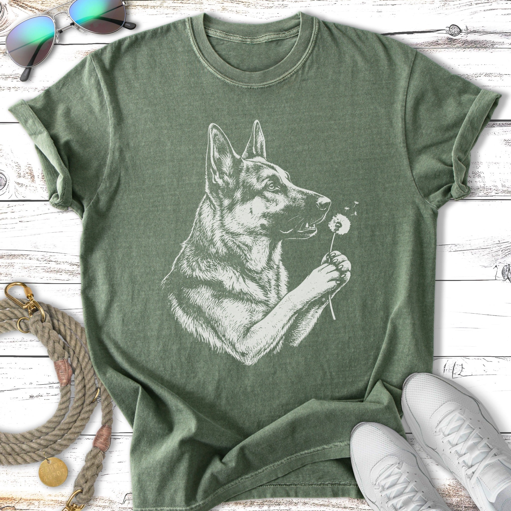 T-shirt with distressed graphic of a German Shepherd holding a dandelion.