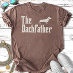 Brown t-shirt with white text "The Dachfather" and a dachshund silhouette.