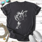 Dark t-shirt with a white line drawing of a Yorkshire Terrier's head.