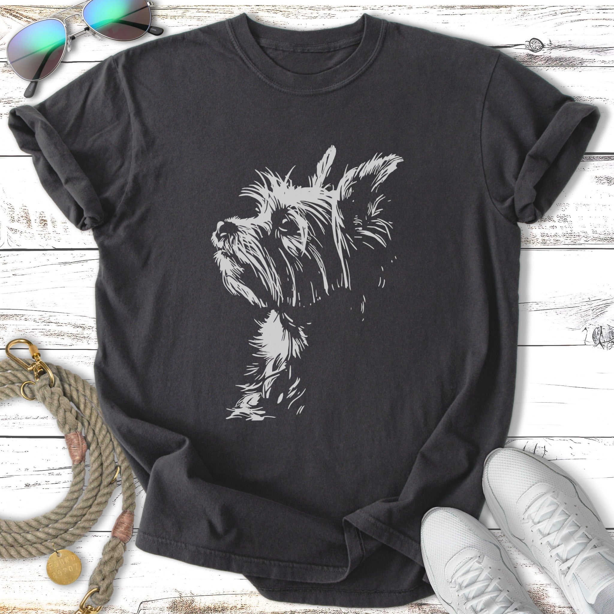 Dark t-shirt with a white line drawing of a Yorkshire Terrier's head.