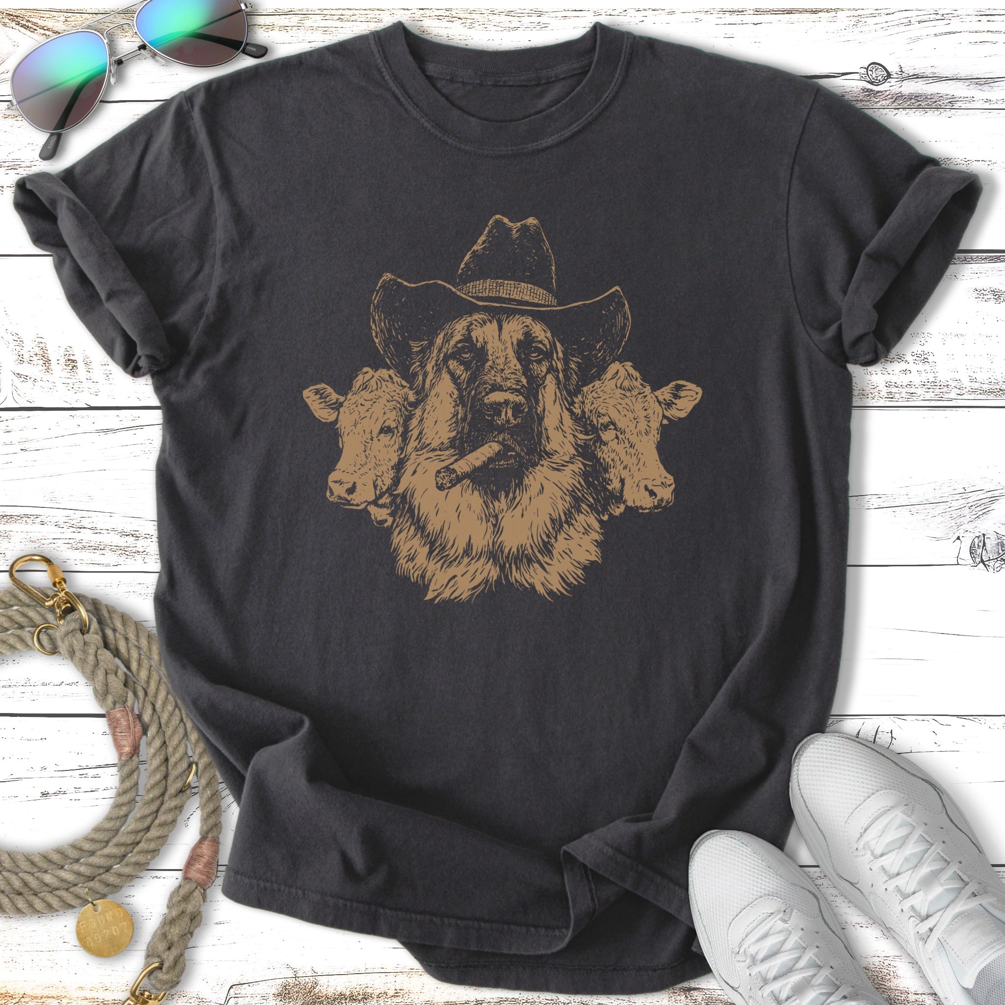 German Shepherd wearing a cowboy hat and smoking a cigar, with cattle heads.