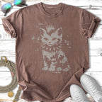 Brown t-shirt with distressed graphic of a cat wearing a spiked collar.