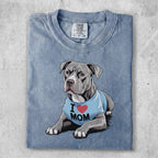 T-shirt with a distressed blue wash featuring a pit bull wearing a shirt that says "I MOM".