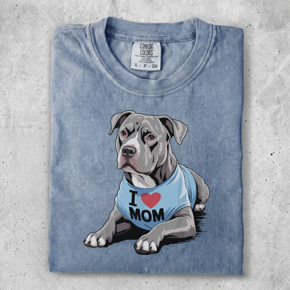 T-shirt with a distressed blue wash featuring a pit bull wearing a shirt that says "I MOM".