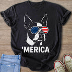 Boston terrier wearing sunglasses with American flag print, text says MERICA