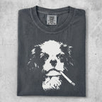 Dark grey t-shirt featuring a white graphic of a dog with a cigarette.