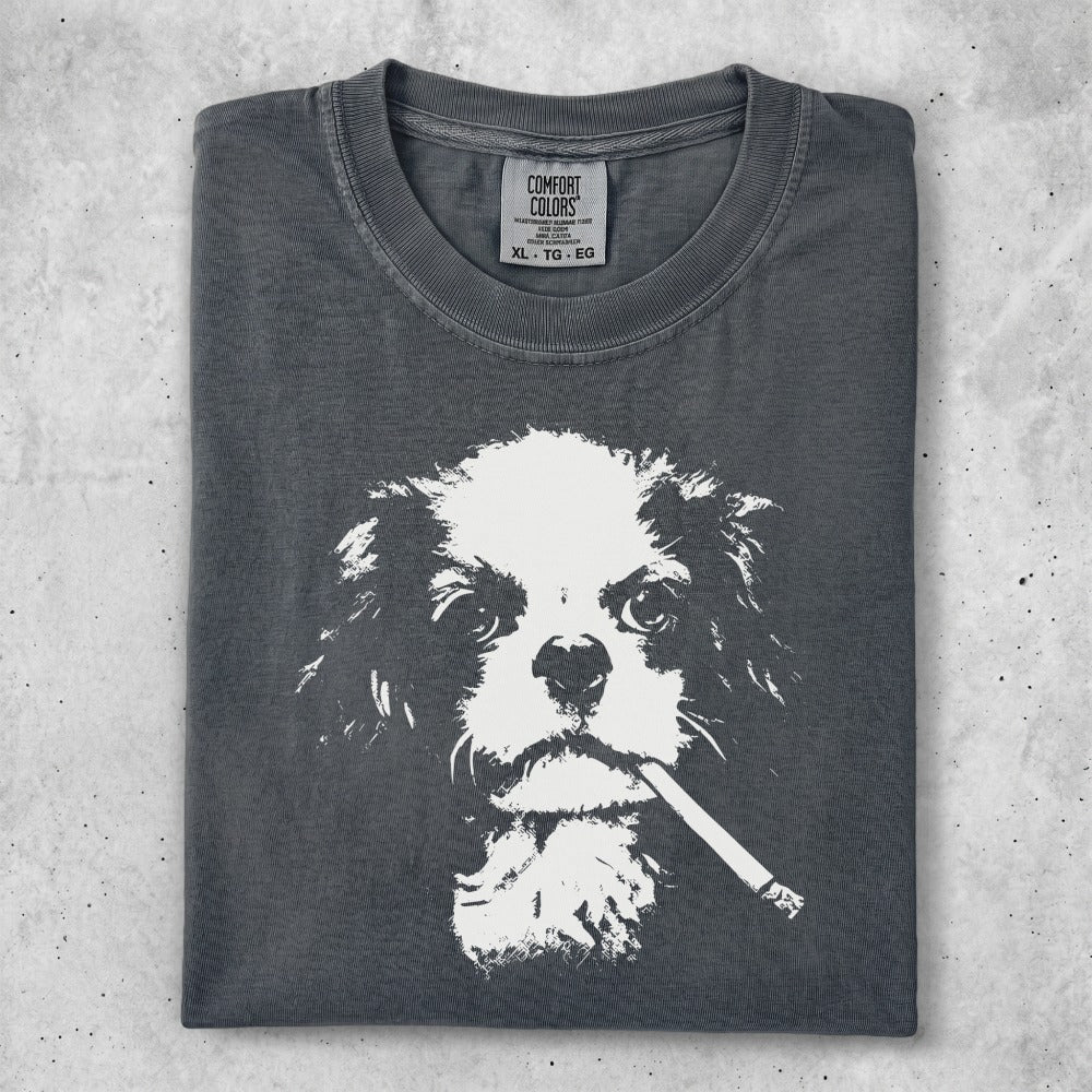 Dark grey t-shirt featuring a white graphic of a dog with a cigarette.