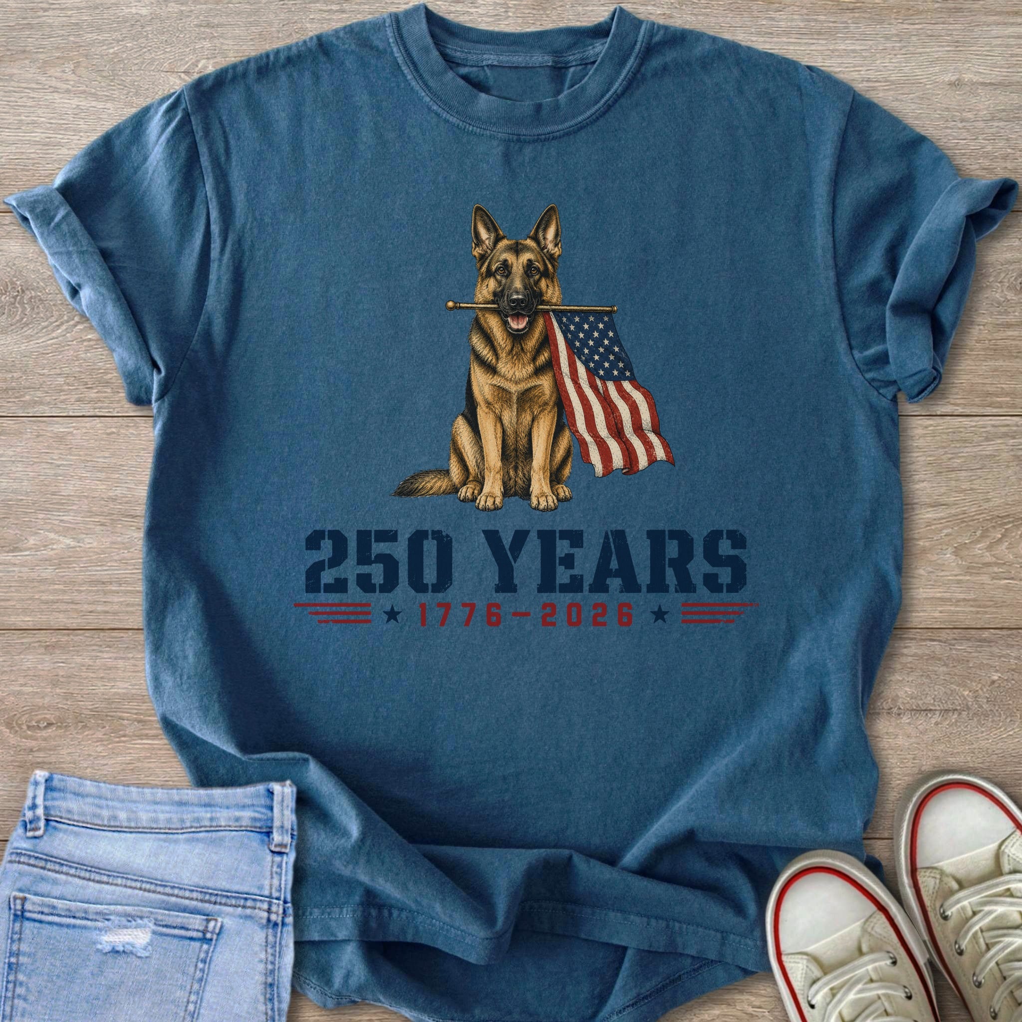 German Shepherd holding American flag with "250 YEARS 1776-2026" text.