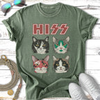 Four cats with KISS makeup on a green t-shirt.