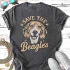 Beagle dog graphic t-shirt with "Save the Beagles" text.