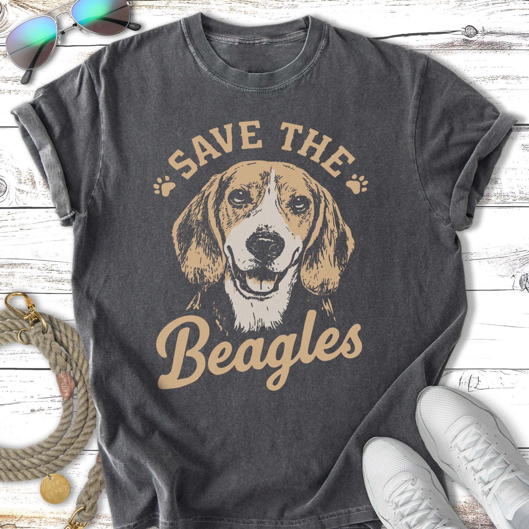 Beagle dog graphic t-shirt with "Save the Beagles" text.