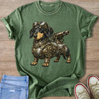 Green t-shirt with steampunk dachshund graphic, goggles and telescope.