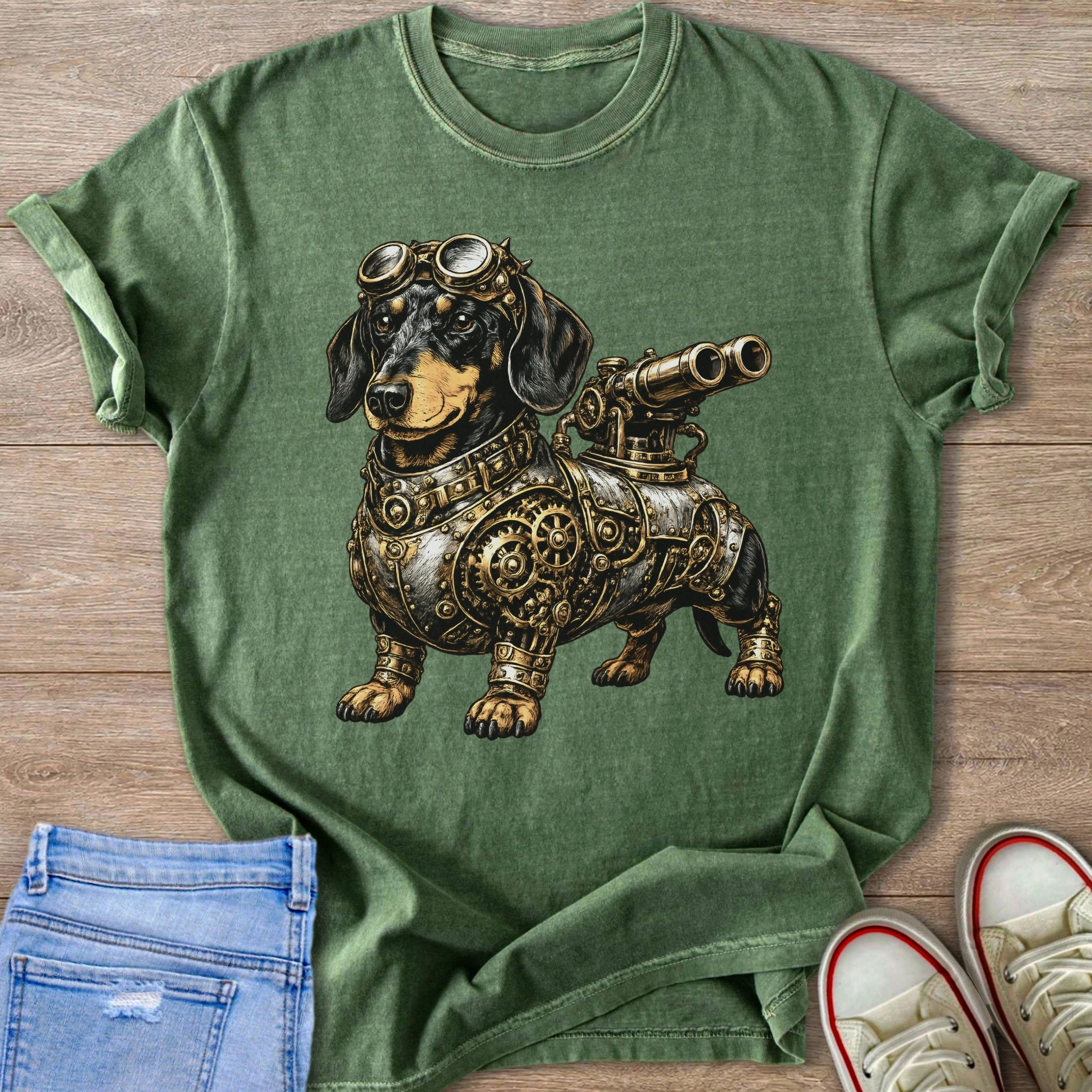 Green t-shirt with steampunk dachshund graphic, goggles and telescope.