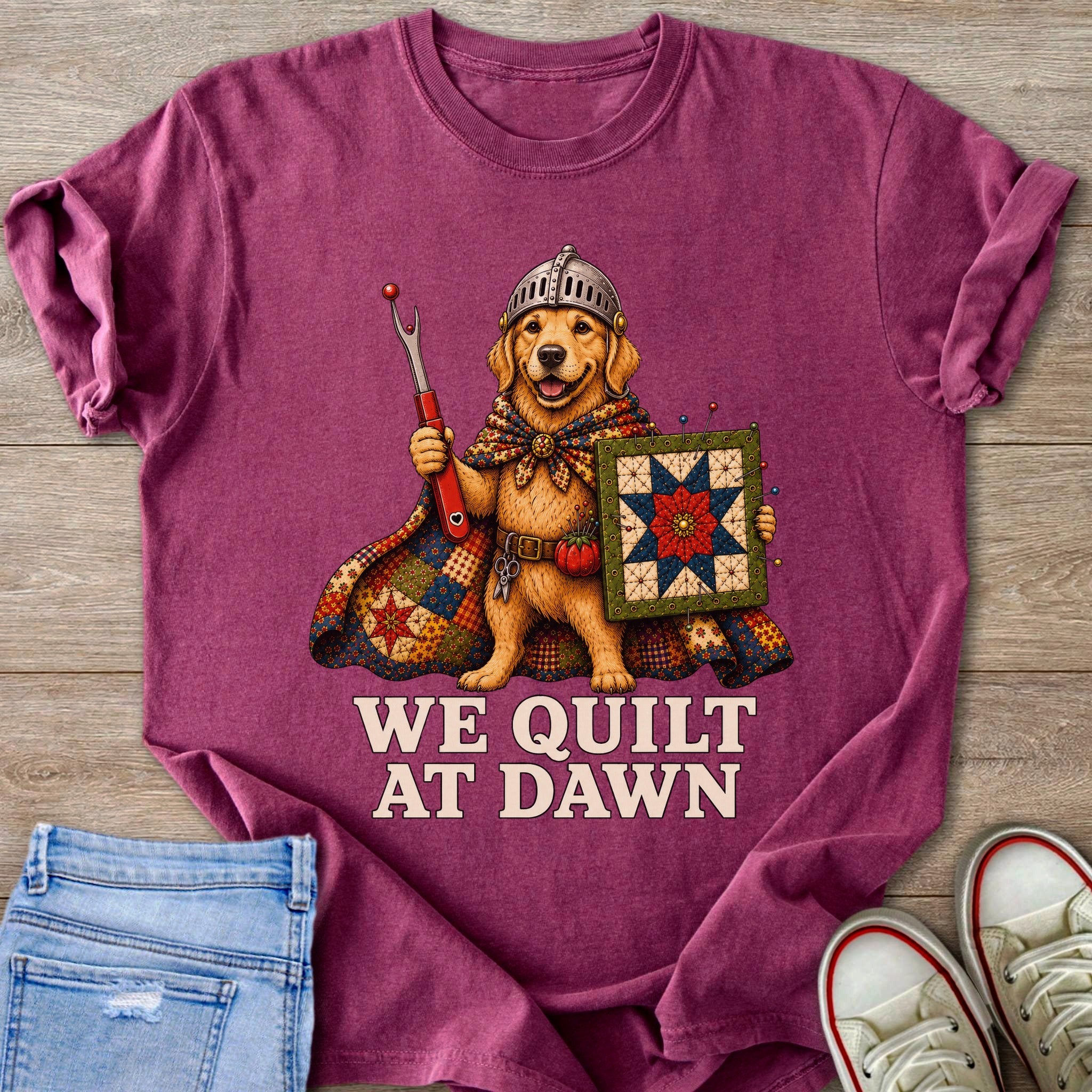 Golden retriever knight holding quilt and seam ripper, text reads "WE QUILT AT DAWN".