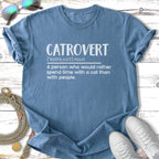 Blue t-shirt with "CATROVERT" and definition about preferring cats to people.