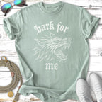 Mint green t-shirt with a white graphic of a wolf's head and "bark for me" text.