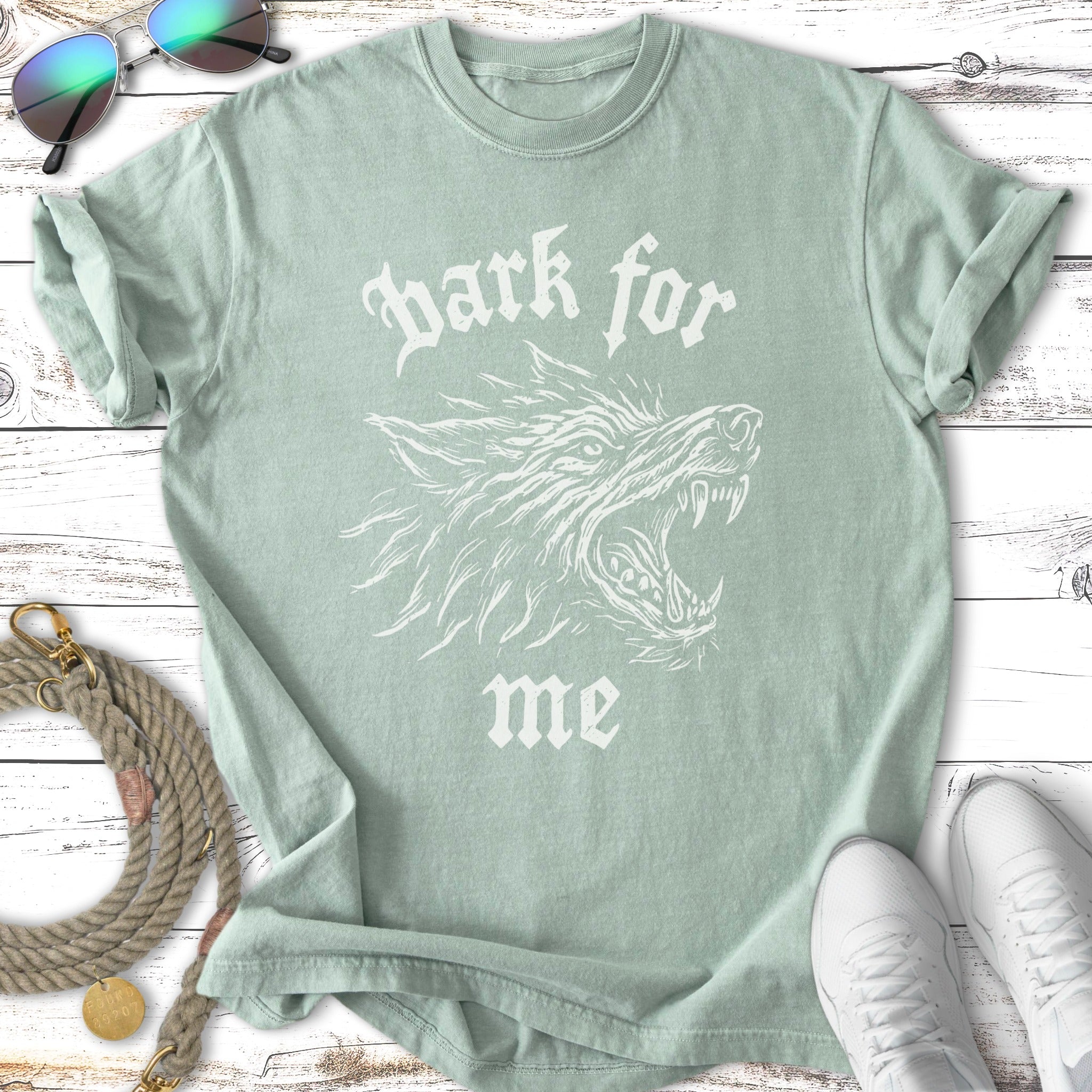 Mint green t-shirt with a white graphic of a wolf's head and "bark for me" text.