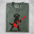 Dog silhouette in red playing a red electric guitar.