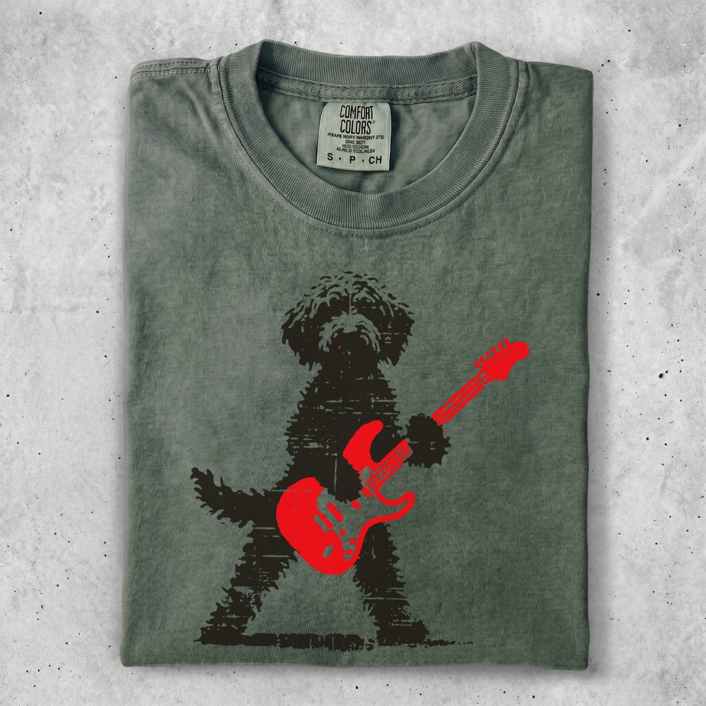 Dog silhouette in red playing a red electric guitar.