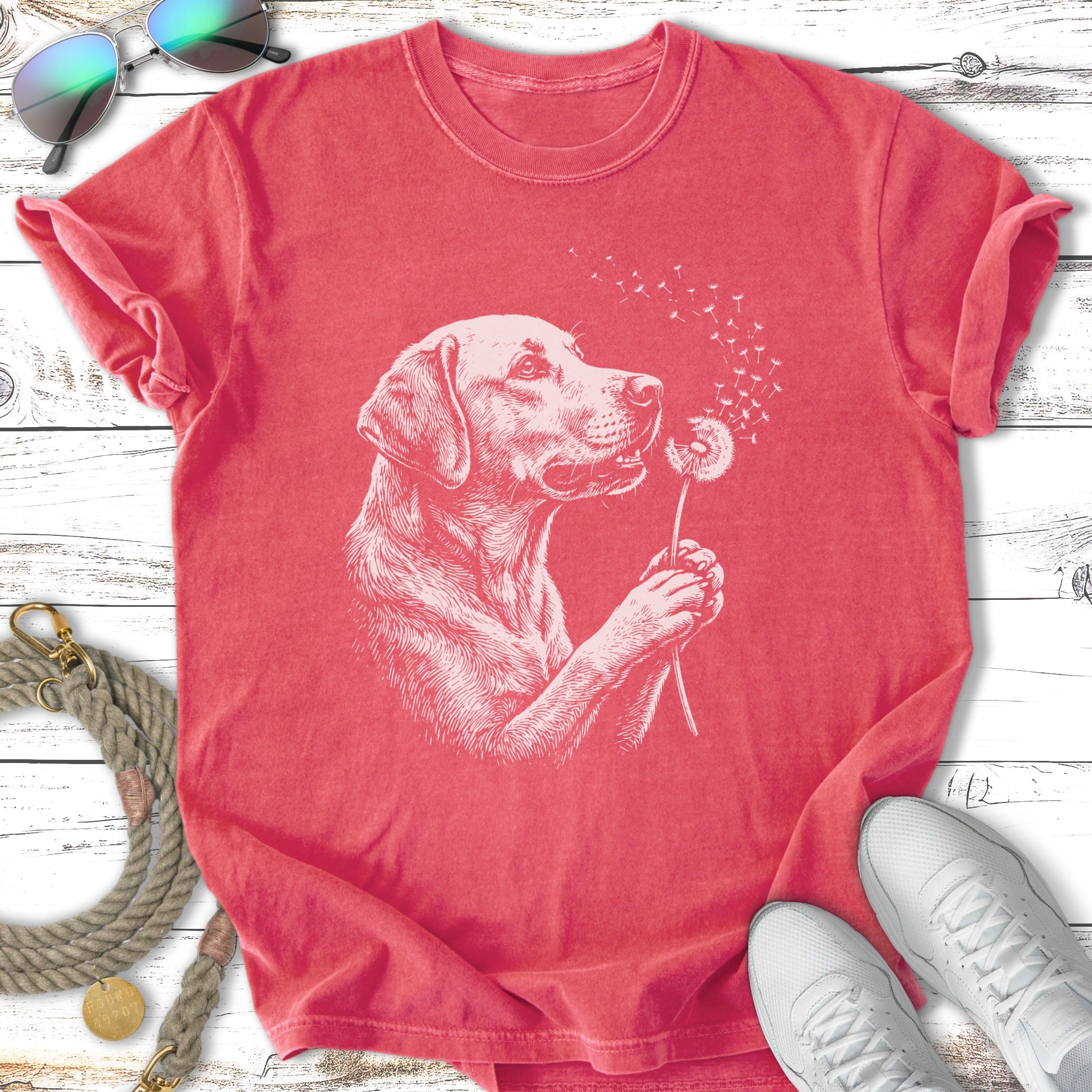 White outline of a dog holding a dandelion against a coral t-shirt.