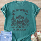 Teal t-shirt with a Corgi wearing a cowboy hat and bandana, and text "I'VE GOT FRIENDS IN LOW PLACES".