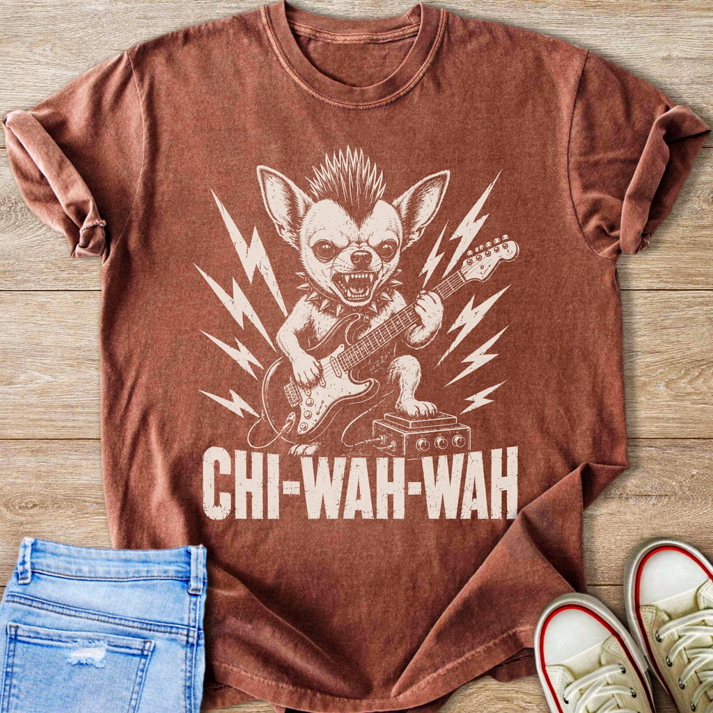 T-shirt with a distressed graphic of a punk chihuahua playing a guitar, text "CHI-WAH-WAH".