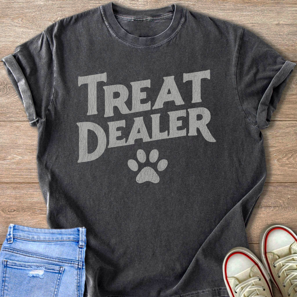Dark gray t-shirt with "Treat Dealer" text and paw print.