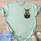 Light green t-shirt with a chihuahua wearing American flag bandana and sunglasses in a pocket.