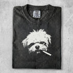 Black t-shirt with a white dog smoking a cigarette design.