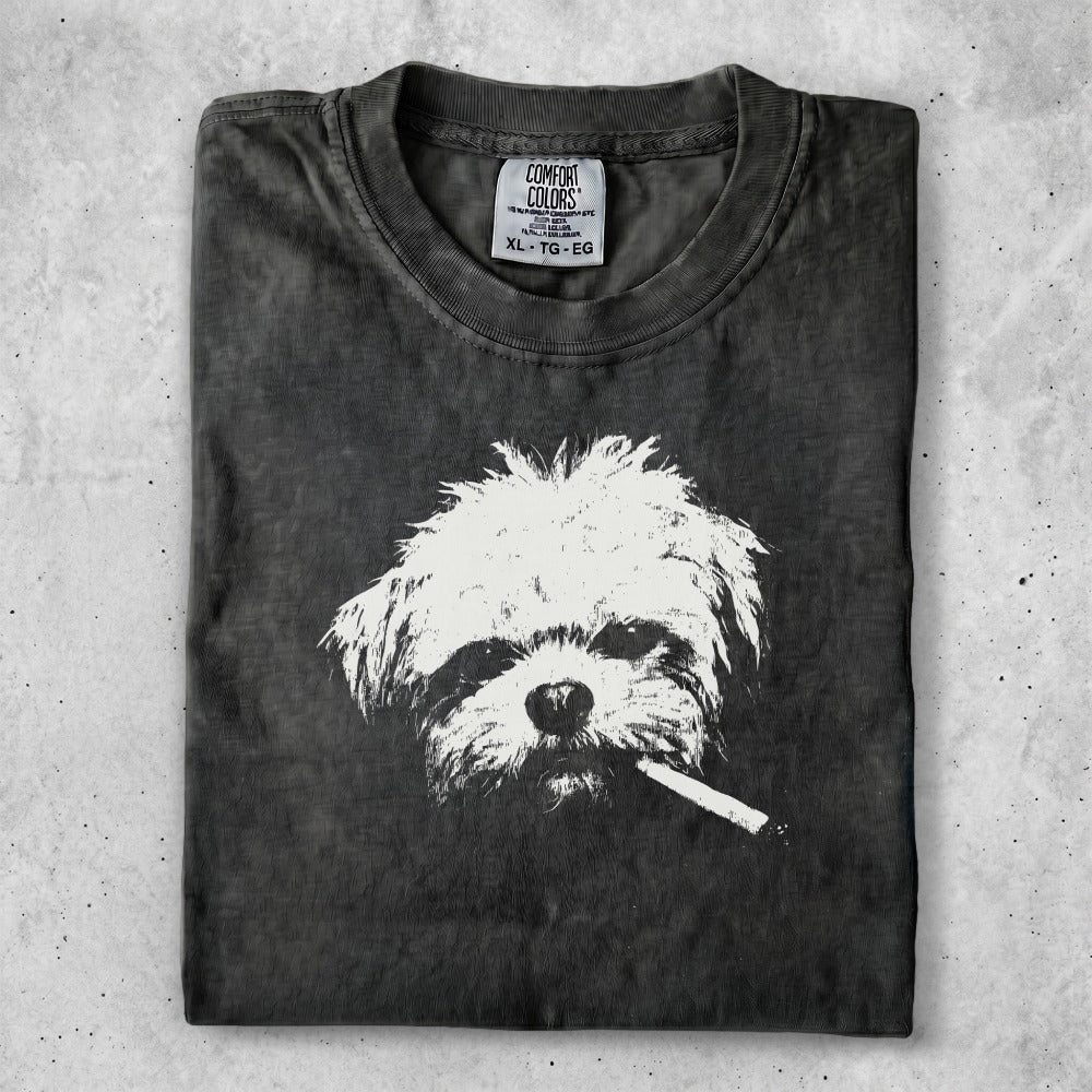 Black t-shirt with a white dog smoking a cigarette design.