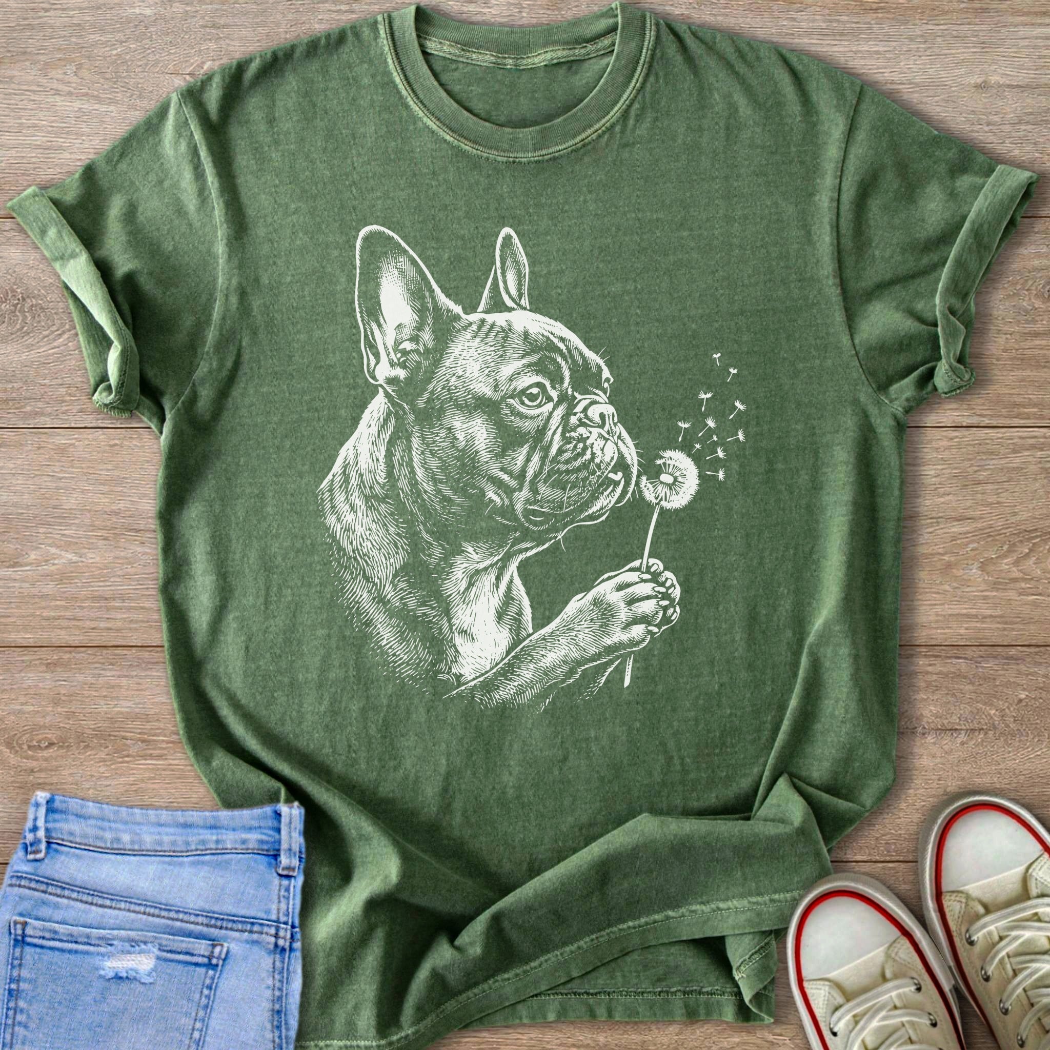 Green t-shirt with a white line drawing of a French bulldog blowing on a dandelion.