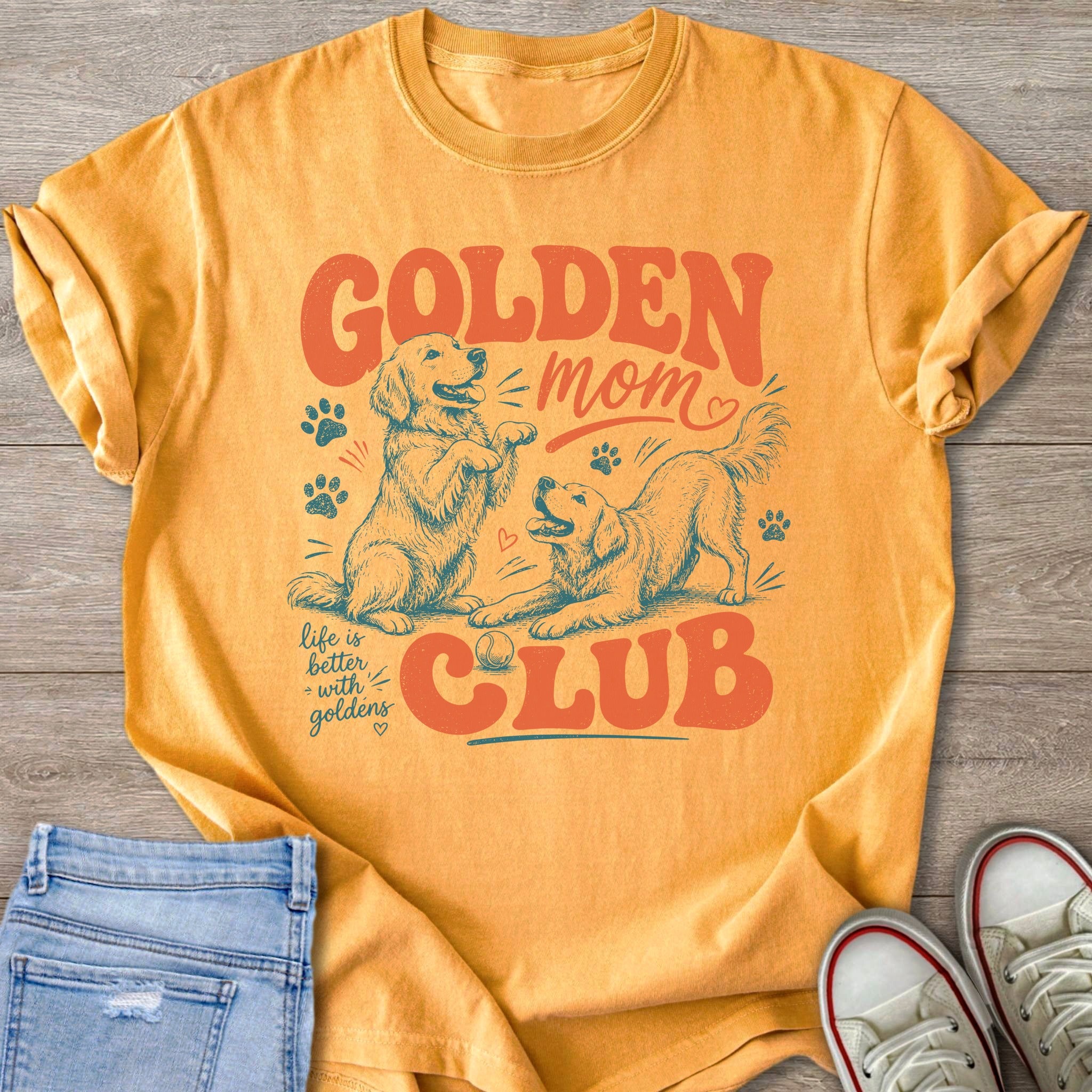 Golden Mom Club shirt with two golden retrievers playing and text "life is better with goldens".