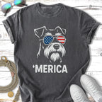 T-shirt with a dog wearing American flag sunglasses and "MERICA" text.