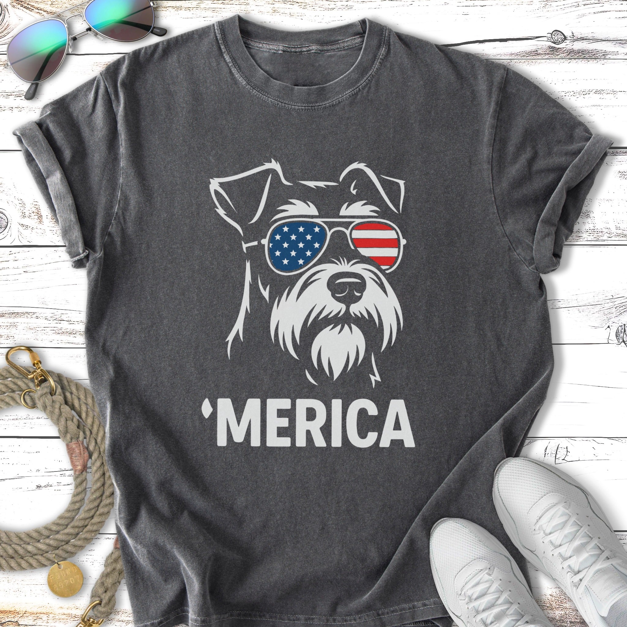 T-shirt with a dog wearing American flag sunglasses and "MERICA" text.