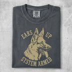 German Shepherd with "Ears Up System Armed" text on charcoal gray t-shirt.