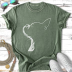 Green t-shirt with minimalist white outline of a cat's head and neck.