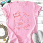 Pink t-shirt with illustrations of dachshunds in pasta shapes.