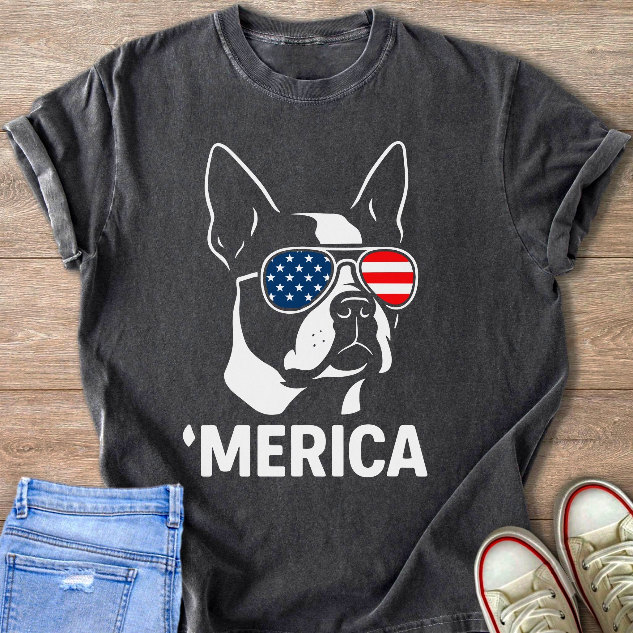 Boston terrier wearing sunglasses with American flag print with text 'MERICA.