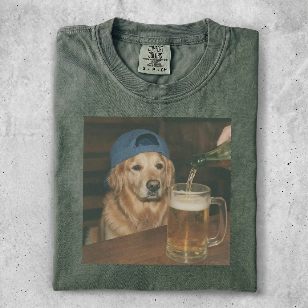Golden retriever wearing a blue baseball cap pours beer into a mug.