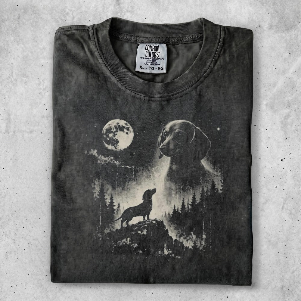 Black t-shirt with a dog silhouette against a moonlit forest scene.