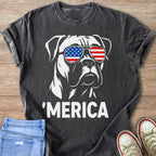 Dark gray t-shirt with white boxer dog graphic wearing American flag sunglasses and text 'MERICA.