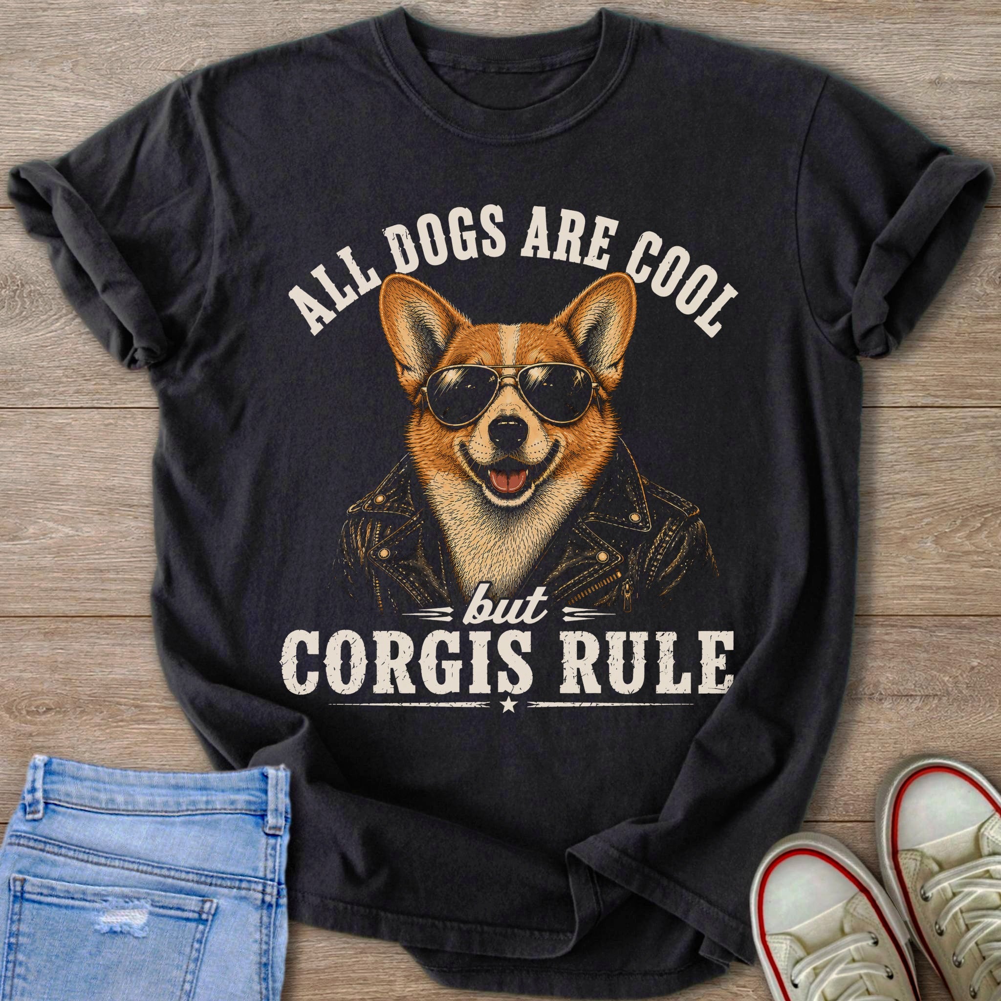 Corgi wearing sunglasses and a leather jacket with text "All dogs are cool but Corgis rule".