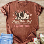 Brown t-shirt with sleeping French bulldog, hearts, and text "Happy Mother's Day! I Woof You!".